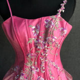 Chic Ball Gown Spaghetti Straps Pink Satin Evening Dress Long Prom Dresses With Embroidered HZ1022