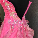 Chic Ball Gown Spaghetti Straps Pink Satin Evening Dress Long Prom Dresses With Embroidered HZ1022