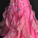 Chic Ball Gown Spaghetti Straps Pink Satin Evening Dress Long Prom Dresses With Embroidered HZ1022