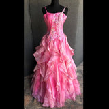 Chic Ball Gown Spaghetti Straps Pink Satin Evening Dress Long Prom Dresses With Embroidered HZ1022