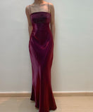 Chic Sheath Spaghetti Straps Burgundy Satin Evening Dress Long Prom Dresses With Beads HZ1022