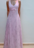 Chic A line V Neckline Pink Chiffon Evening Dress Long Prom Dresses HZ1022
