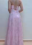 Chic A line V Neckline Pink Chiffon Evening Dress Long Prom Dresses HZ1022