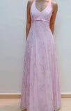 Chic A line V Neckline Pink Chiffon Evening Dress Long Prom Dresses HZ1022