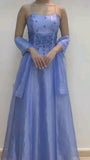 Chic A line Spaghetti Straps Blue Organza Evening Dress Long Prom Dresses HZ1022