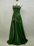 Chic A line Spaghetti Straps Green Satin Evening Dress Long Prom Dresses HZ1022