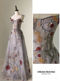 Chic A Line Spaghetti Straps Flowers Tulle Evening Dress Long Prom Dresses HZ1022