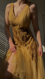 Chic A Line V Neckline Yellow Tulle Long Evening Dress Prom Dresses HZ1022
