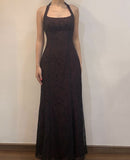 Pretty A line Halter Black Floor Length Evening Dress Tulle Prom Dresses HZ1022