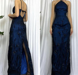 Pretty A line Halter Navy Blue Floor Length Evening Dress Tulle Prom Dresses With Embroidered HZ1022