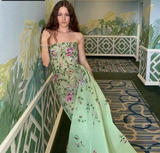 Pretty Sheath Strapless Green Floor Length Evening Dress Organza Prom Dresses With Embroidered HZ1022