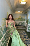 Pretty Sheath Strapless Green Floor Length Evening Dress Organza Prom Dresses With Embroidered HZ1022