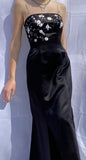 Chic Mermaid Spaghetti Straps Black Satin Long Evening Dress Prom Dresses HZ1022