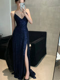Sexy Sheath Spaghetti Straps Navy Blue Sequin Floor Length Evening Dress Sequin Prom Dresses HZ1022