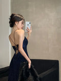 Sexy Sheath Spaghetti Straps Navy Blue Sequin Floor Length Evening Dress Sequin Prom Dresses HZ1022