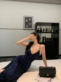 Sexy Sheath Spaghetti Straps Navy Blue Sequin Floor Length Evening Dress Sequin Prom Dresses HZ1022