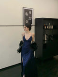 Sexy Sheath Spaghetti Straps Navy Blue Sequin Floor Length Evening Dress Sequin Prom Dresses HZ1022