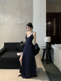 Sexy Sheath Spaghetti Straps Navy Blue Sequin Floor Length Evening Dress Sequin Prom Dresses HZ1022