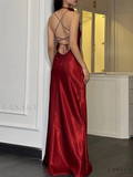 Sexy A Line Spaghetti Straps Red Floor Length Backless Prom Dresses HZ1022