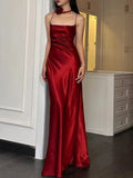Sexy A Line Spaghetti Straps Red Floor Length Backless Prom Dresses HZ1022