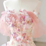 Sexy A Line Off The Shoulder Pink Tulle Floor Length Floral Prom Dresses HZ1022