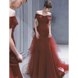 Sexy Mermaid Off The Shoulder Burgundy Tulle Floor Length Floral Prom Dresses HZ1022