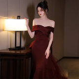 Sexy Mermaid Off The Shoulder Burgundy Tulle Floor Length Floral Prom Dresses HZ1022