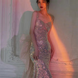 Sexy Mermaid Square Neckline Sequin Floor Length Floral Prom Dresses HZ1022