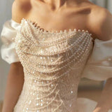 Sexy Mermaid Off The Shoulder Cap Sleeves Sequin Floor Length Pearls Prom Dresses HZ1022