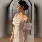 Sexy Mermaid Off The Shoulder Cap Sleeves Sequin Floor Length Pearls Prom Dresses HZ1022