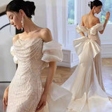 Sexy Mermaid Off The Shoulder Cap Sleeves Sequin Floor Length Pearls Prom Dresses HZ1022