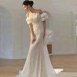 Sexy Mermaid Off The Shoulder Cap Sleeves Sequin Floor Length Pearls Prom Dresses HZ1022