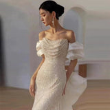 Sexy Mermaid Off The Shoulder Cap Sleeves Sequin Floor Length Pearls Prom Dresses HZ1022