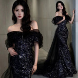Sexy Mermaid Off The Shoulder Cap Sleeves Sequin Floor Length Black Prom Dresses HZ1022