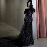 Sexy Mermaid Off The Shoulder Cap Sleeves Sequin Floor Length Black Prom Dresses HZ1022