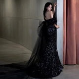 Sexy Mermaid Off The Shoulder Cap Sleeves Sequin Floor Length Black Prom Dresses HZ1022