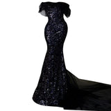 Sexy Mermaid Off The Shoulder Cap Sleeves Sequin Floor Length Black Prom Dresses HZ1022