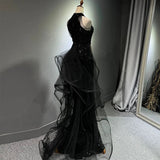 Sexy Mermaid Scoop Neckline Black Sequin Floor Length Prom Dresses HZ1022