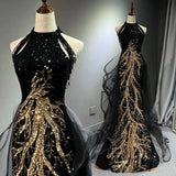Sexy Mermaid Scoop Neckline Black Sequin Floor Length Prom Dresses HZ1022