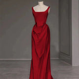 Sexy Mermaid Square Neckline Red Satin Floor Length Prom Dresses HZ1022