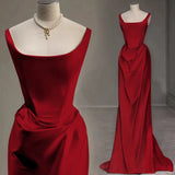 Sexy Mermaid Square Neckline Red Satin Floor Length Prom Dresses HZ1022