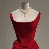 Sexy Mermaid Square Neckline Red Satin Floor Length Prom Dresses HZ1022