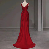 Sexy Mermaid Square Neckline Red Satin Floor Length Prom Dresses HZ1022