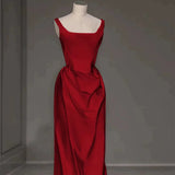 Sexy Mermaid Square Neckline Red Satin Floor Length Prom Dresses HZ1022