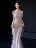 Sexy Mermaid Strapless Neckline Sequin Long Floor Length Pearls Prom Dresses HZ1022