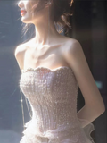 Sexy Mermaid Strapless Neckline Sequin Long Floor Length Pearls Prom Dresses HZ1022