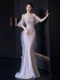 Sexy Mermaid Strapless Neckline Sequin Long Floor Length Pearls Prom Dresses HZ1022
