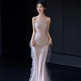Sexy Mermaid Strapless Neckline Sequin Long Floor Length Pearls Prom Dresses HZ1022