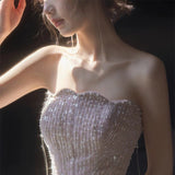 Sexy Mermaid Strapless Neckline Sequin Long Floor Length Pearls Prom Dresses HZ1022