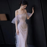 Sexy Mermaid Strapless Neckline Sequin Long Floor Length Pearls Prom Dresses HZ1022